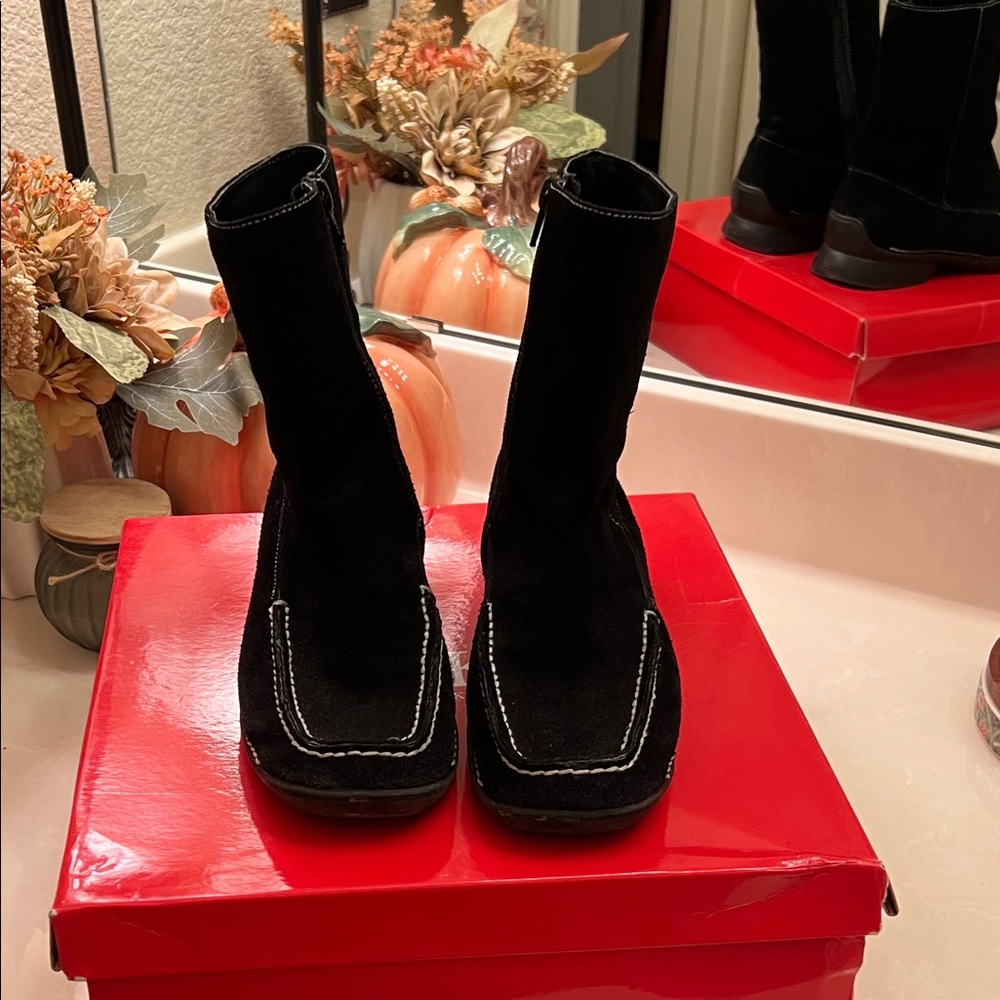 Anne Klein Black Suede Boots with White Stitching
